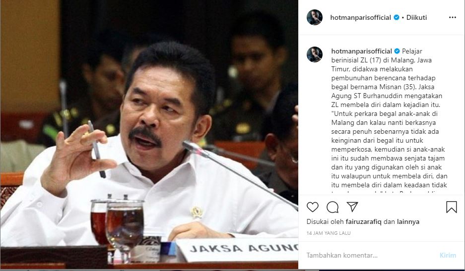 Jaksa Agung dalam postingan Hotman Paris