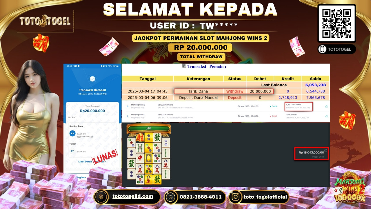 Bukti Pembayaran Jackpot  Permainan Slot Mahjong Wins 2  ID:TW***** LUNAS
