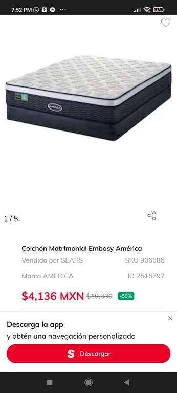 Sears: Colchón Matrimonial Embasy América $3515 con crédito Sears