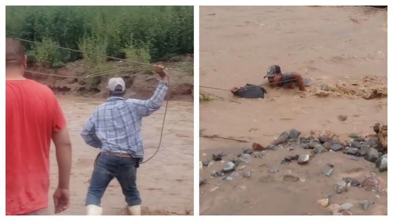 Hombres lazan a un sujeto que era arrastrado por un río para poder salvarlo