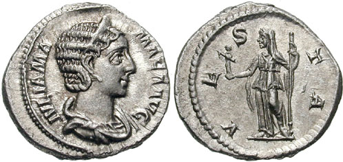 Denario de Julia Mamaea. VESTA. Vesta, velada, estante a izq. Roma. 5