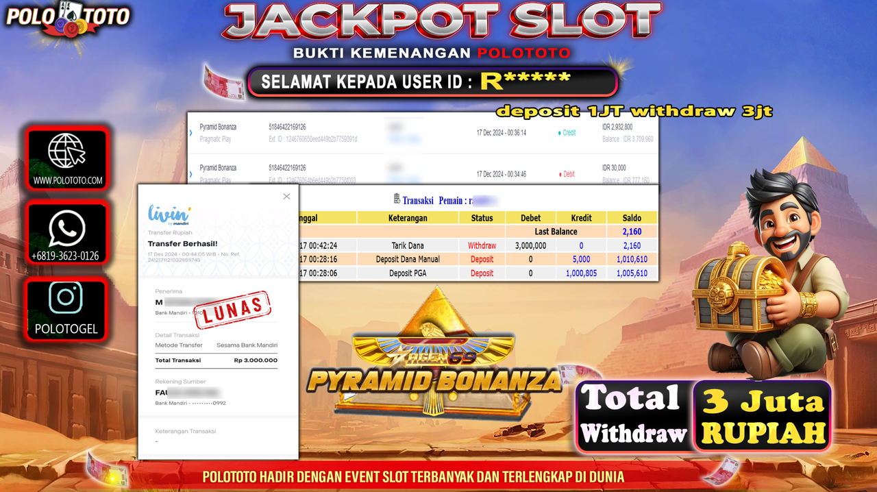 POLOTOTO JACKPOT SLOT PYRAMID BONANZA Rp.3,000.000,-