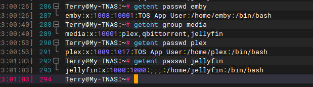 getent passwd emby plex jellyfin