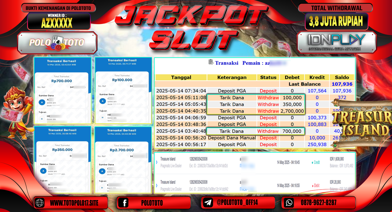 POLOTOTO JACKPOT SLOT TREASURE ISLAND Rp.3.800.000,-