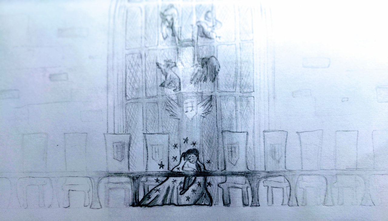 Harry sits alone at the high table, wearing his cloak