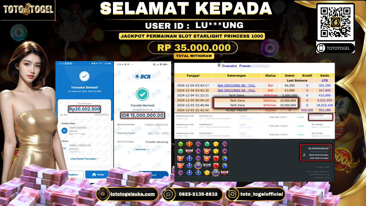 Bukti Pembayaran Jackpot Permainan Slot Starlight Princess 1000 ID: LU***UNG LUNAS 