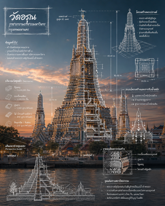 Wat Arun Blueprint Infographic Prompt (Architectural Overlay on Photo)