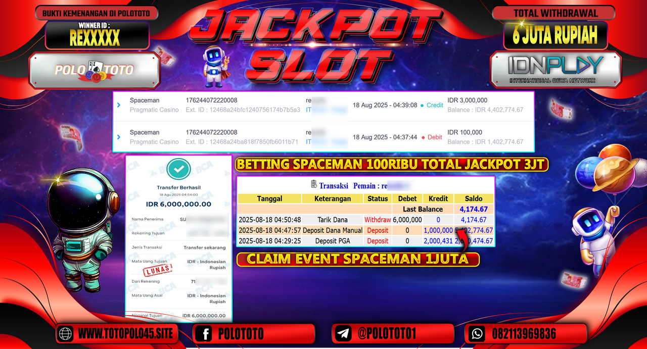 POLOTOTO JACKPOT SLOT SPACEMAN Rp.6.000.000,-