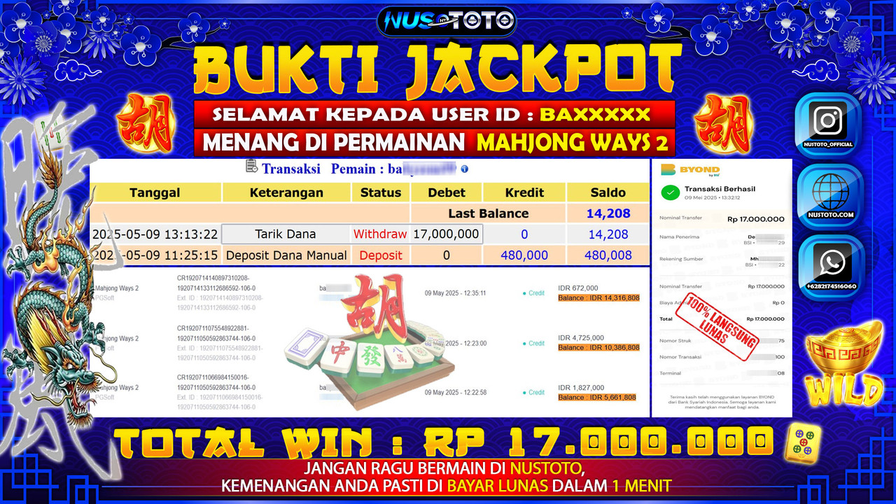 JACKPOT !! MENANG BESAR DI MAHJONG WAYS 2 Rp. 17.000.000 LANGSUNG DI BAYAR LUNAS NUSTOTO !!