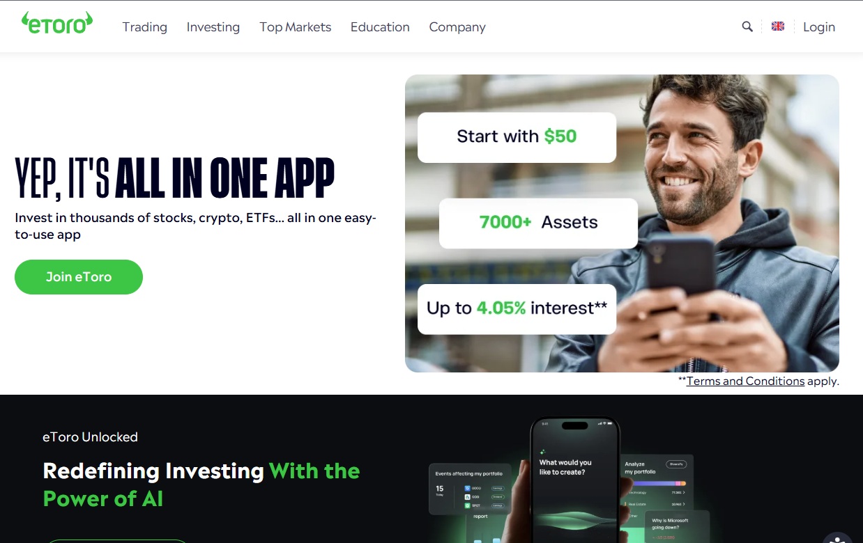 Etoro social trading platform with AI investing and copy trading.
