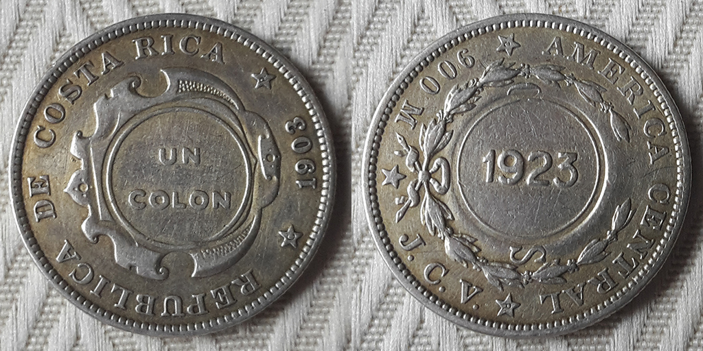 colon - 1 colón Costa Rica 1923. Resellado sobre 50 céntimos 1903. 20190921-121456b