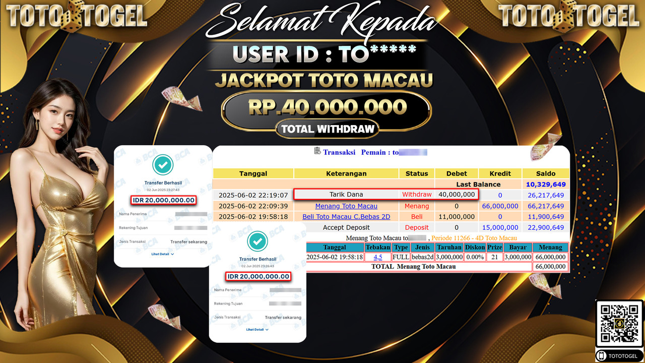 Bukti Pembayaran Jackpot Permainan Togel Toto Macau ID:TO***** LUNAS