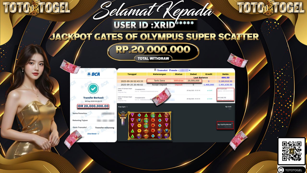 Bukti Pembayaran Jackpot Permainan Slot Gates Of Olympus Super Scatter ID:XRID*** LUNAS