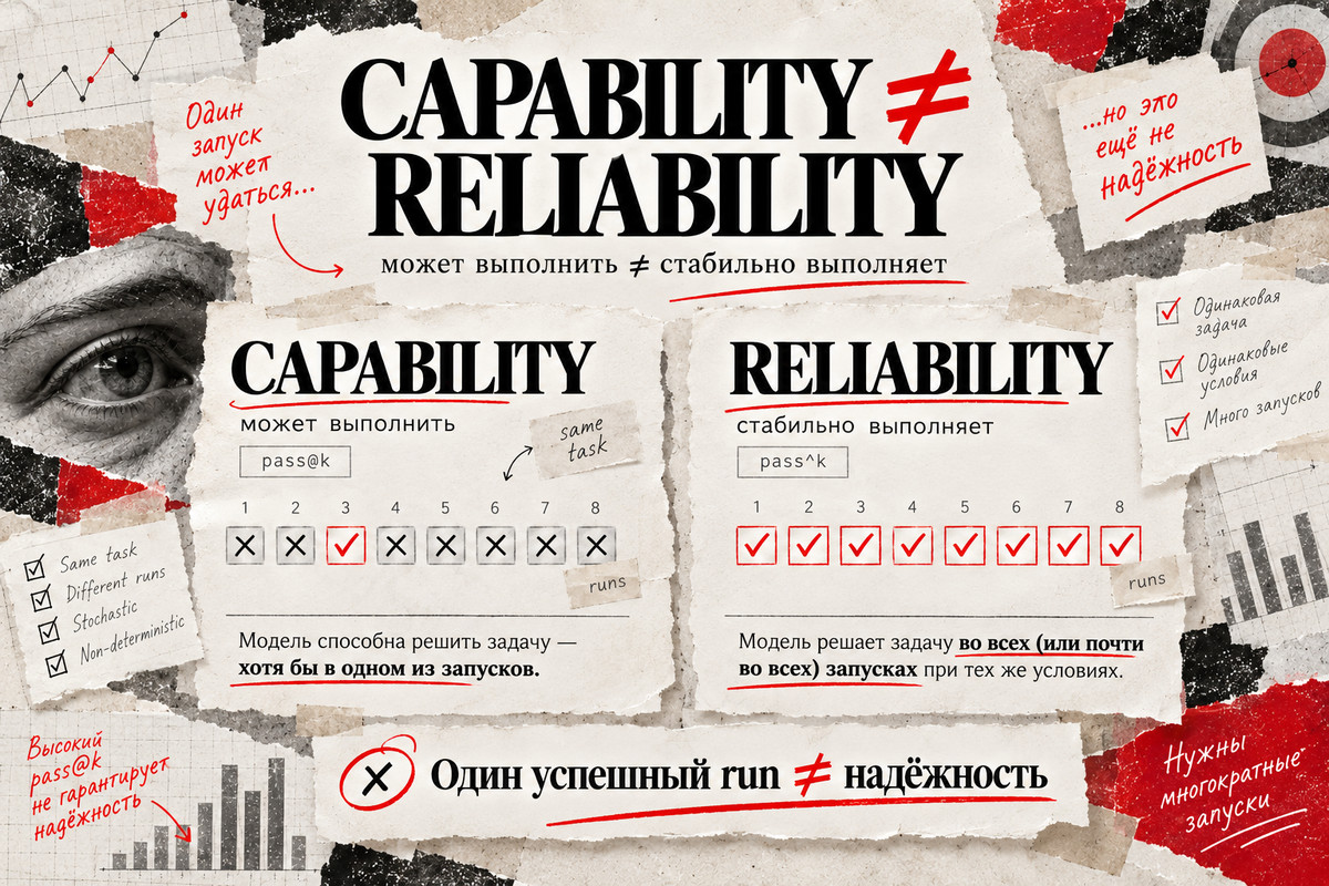 Разница между capability и reliability ИИ-агента на повторных запусках