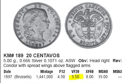20 Centavos 1897. Colombia. Ayuda y opinión. Captura