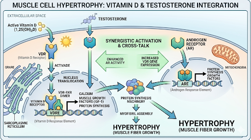 Scientific diagram showing vitamin D receptor activation and interaction with testosterone in muscle cells for hypertrophy and protein synthesis