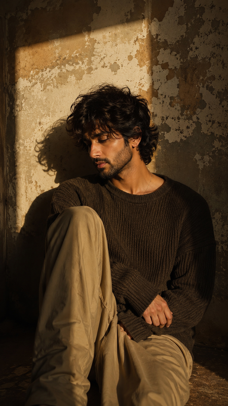 Example result for: Golden Light in Ruins: Introspective Vintage Room Portrait Prompt