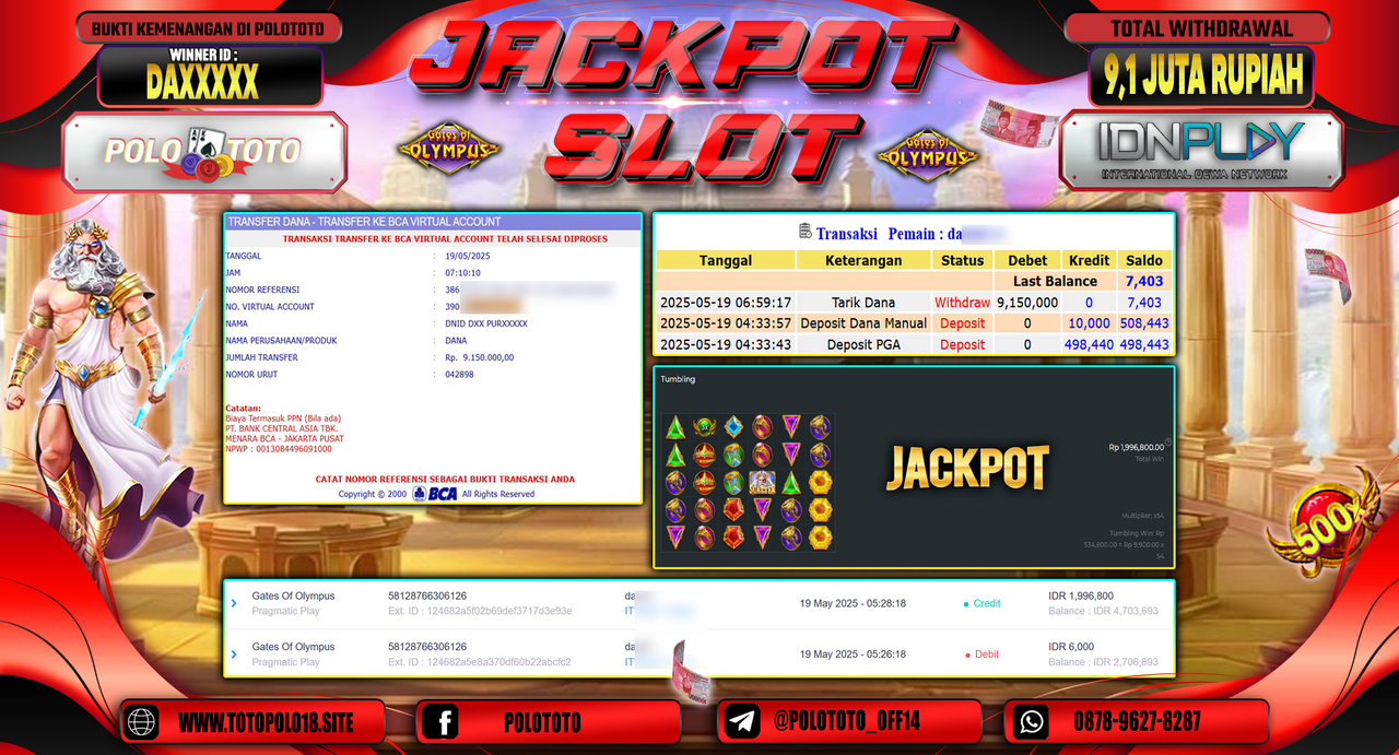 POLOTOTO JACKPOT SLOT GATES OF OLYMPUS Rp.9.150.000,-