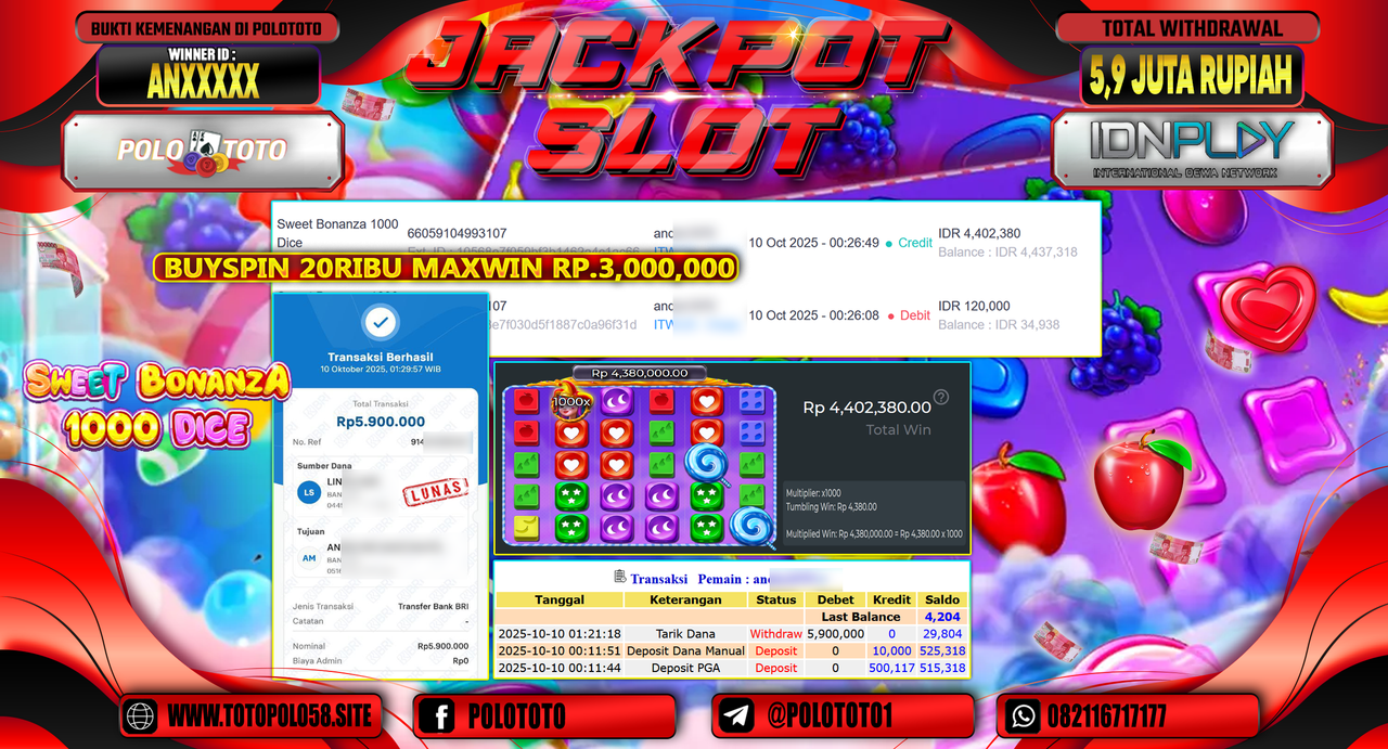 POLOTOTO JACKPOT SLOT SWEET BONANZA 1000 DICE Rp.5.900.000,- LUNAS