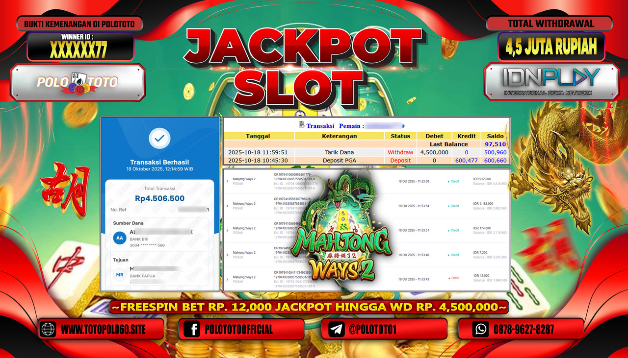 POLOTOTO JACKPOT SLOT MAHJONG WAYS 2 Rp.4.500.000,- LUNAS