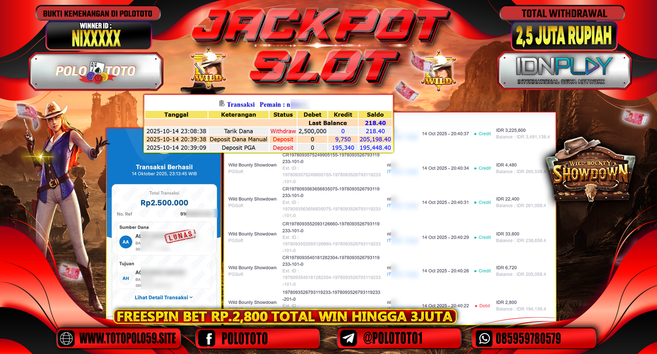 POLOTOTO JACKPOT SLOT WILD BOUNTHY SHOWDOWN Rp.2.500.000,- LUNAS
