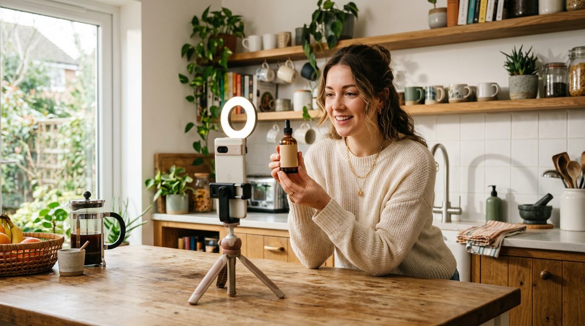 Creator filming a selfie-style product video at home, showing how to hire a UGC creator on Fiverr