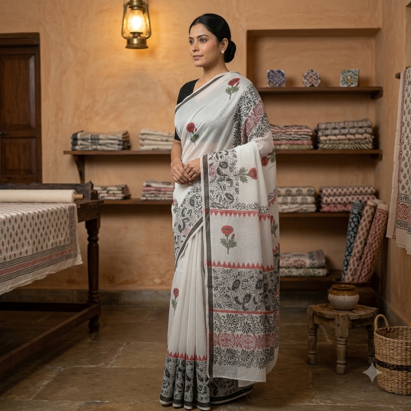 Qyaari by Penkraft Handblock Printed Chanderi Silk Saree - Lightweight Ethnic Wear for Festive & Party Occasions