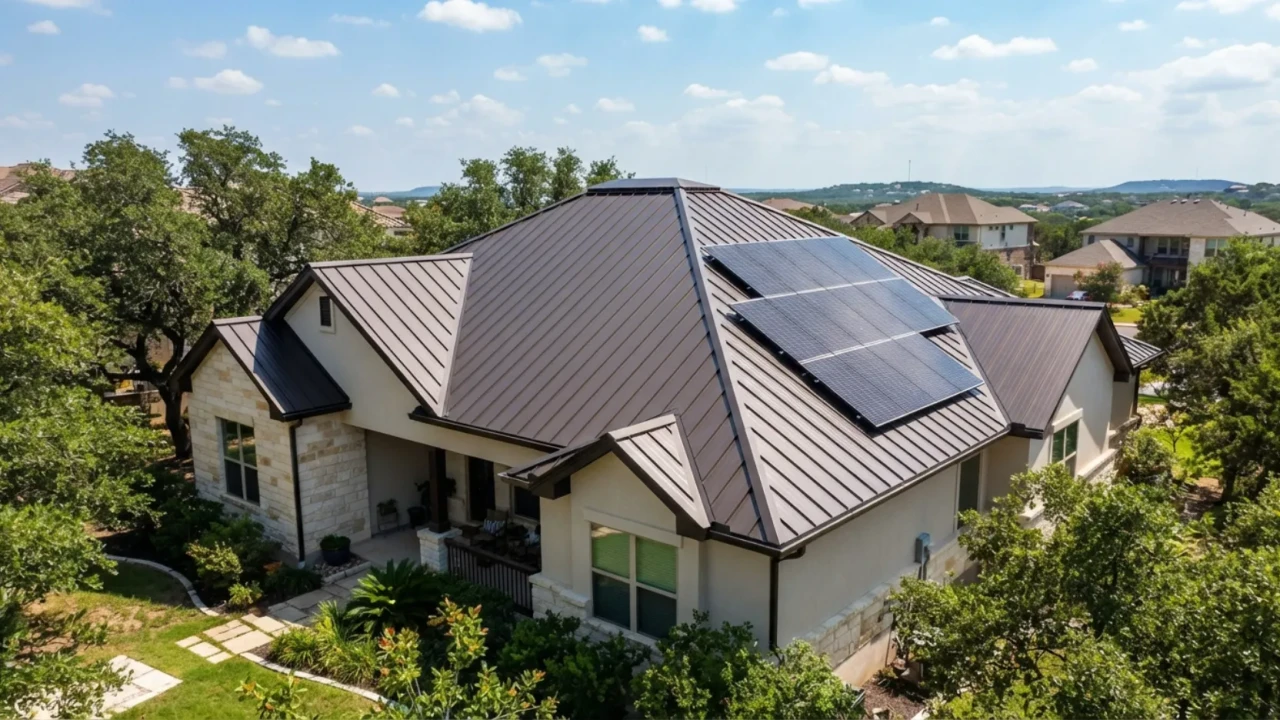 Energy efficient metal roof installation on San Antonio home with solar panels and proper attic ventilation visible