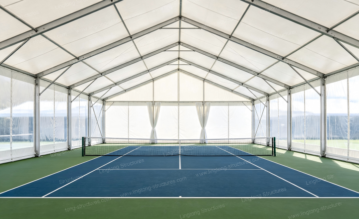 Padel tent anchoring system with ballast weights and ground fixings for secure installation