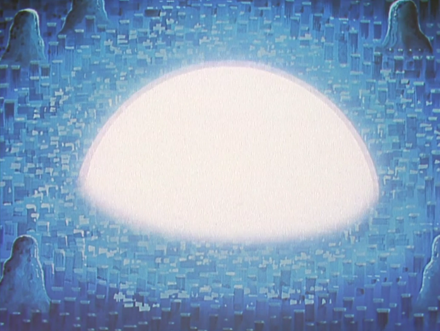 A screenshot from the 1998 anime of a giant explosion of white light decimating a city.