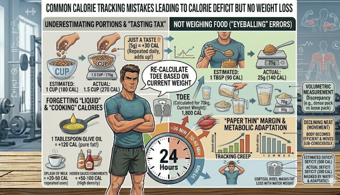Common calorie tracking mistakes leading to calorie deficit but no weight loss including oils, sauces, portions