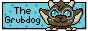 A peice of pixel art - on the left is text that says the grub dog and on the right is a fuzzy brown creature with light brown horns and blue eyes. The background is light blue with dark blue spots. A visual trick is used to make it look like the image is casting a shadow against the web page.