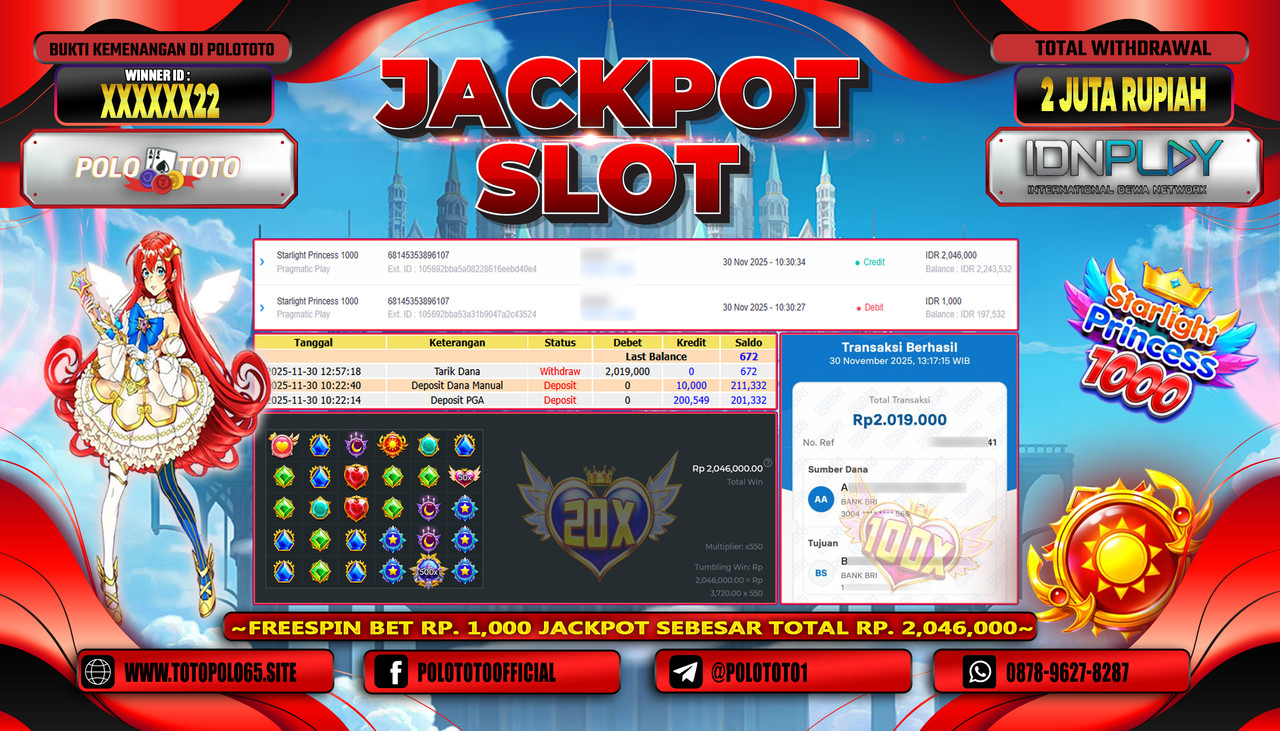 POLOTOTO JACKPOT SLOT STARLIGHT PRINCESS 1000 Rp.2.000.000,- LUNAS