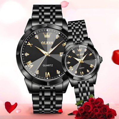 Olevs Stainless Steel fashionable Couple watches Full Black