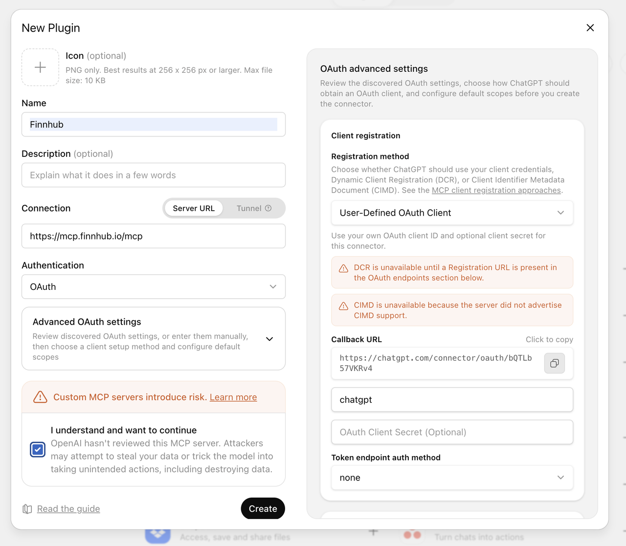 ChatGPT New Plugin dialog filled in with the Finnhub MCP server URL and OAuth settings