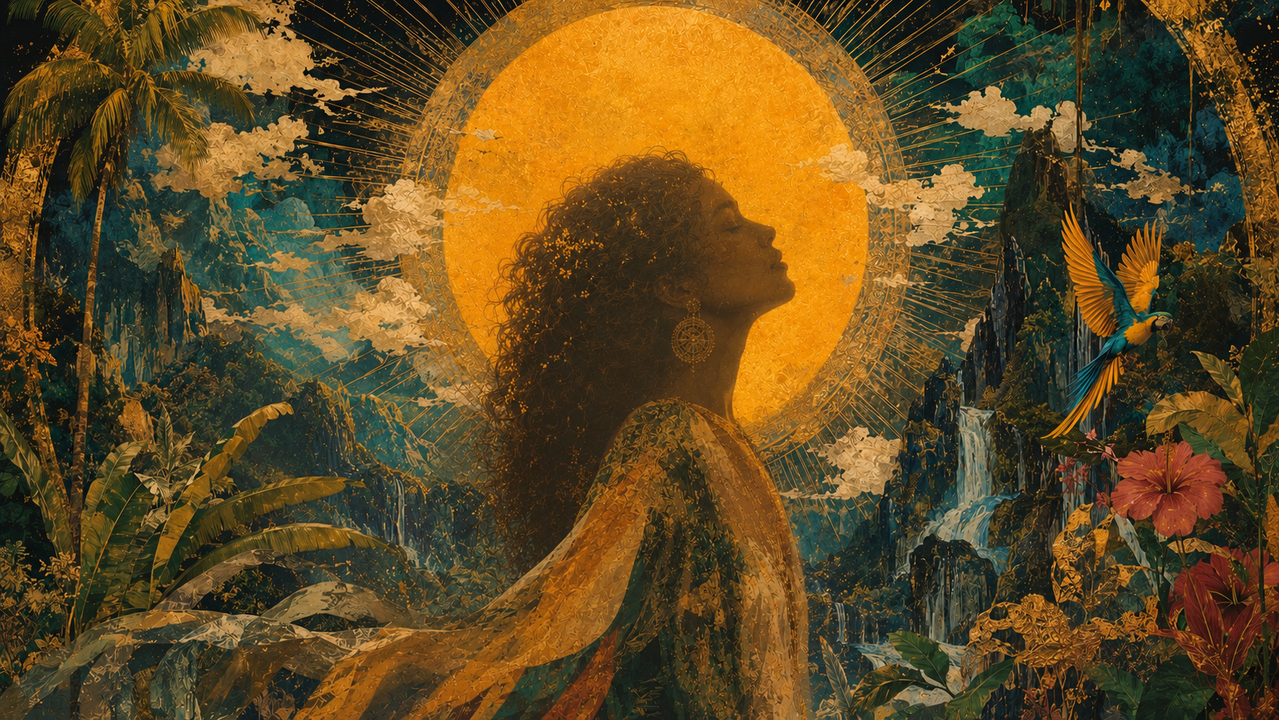 Tropical woman enlightened by surreal sun rays