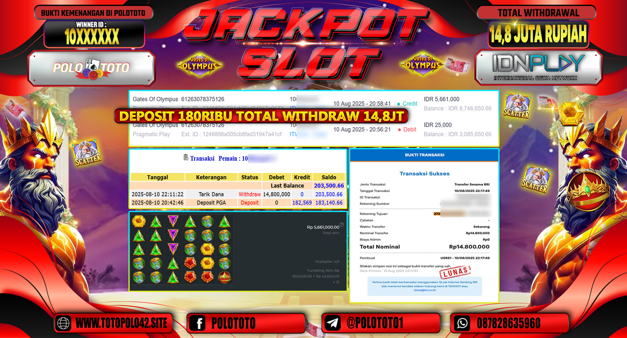 POLOTOTO JACKPOT SLOT GATES OF OLYMPUS Rp.14.800.000,-LUNAS