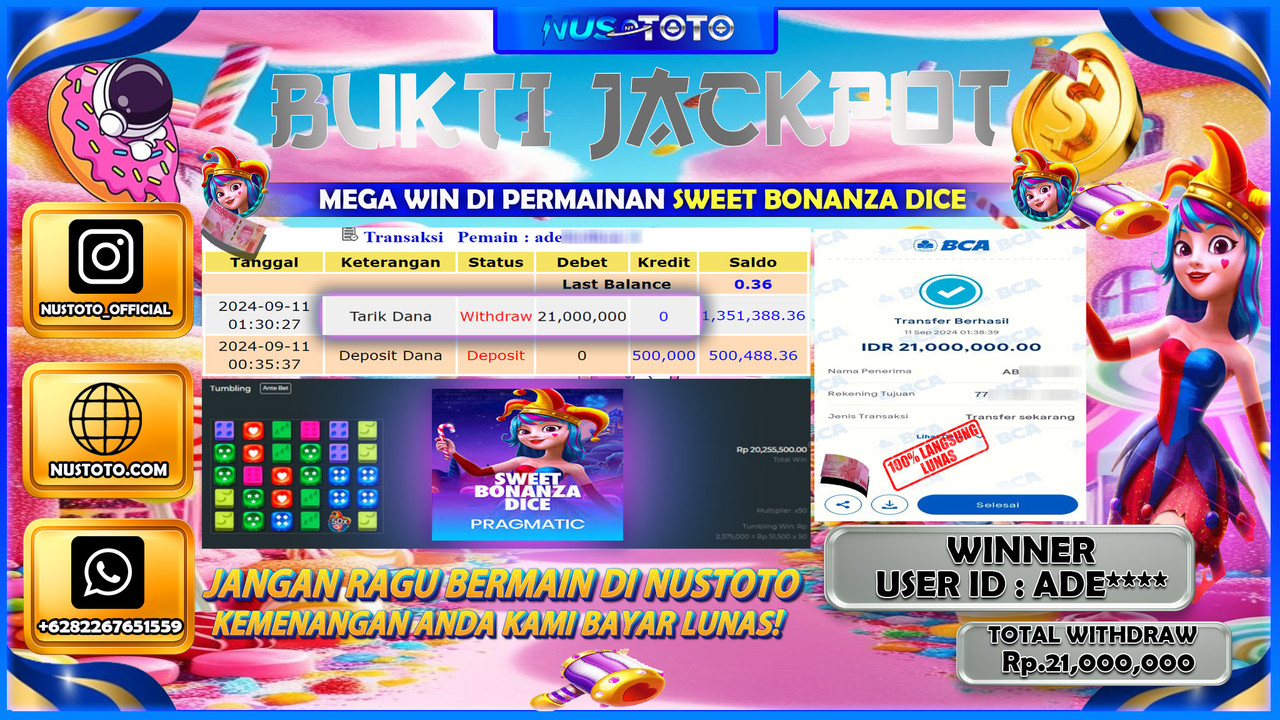 JACKPOT !! MENANG BESAR DI SWEET BONANZA DICE Rp. 21,000,000 LANGSUNG DI BAYAR LUNAS NUSTOTO !!