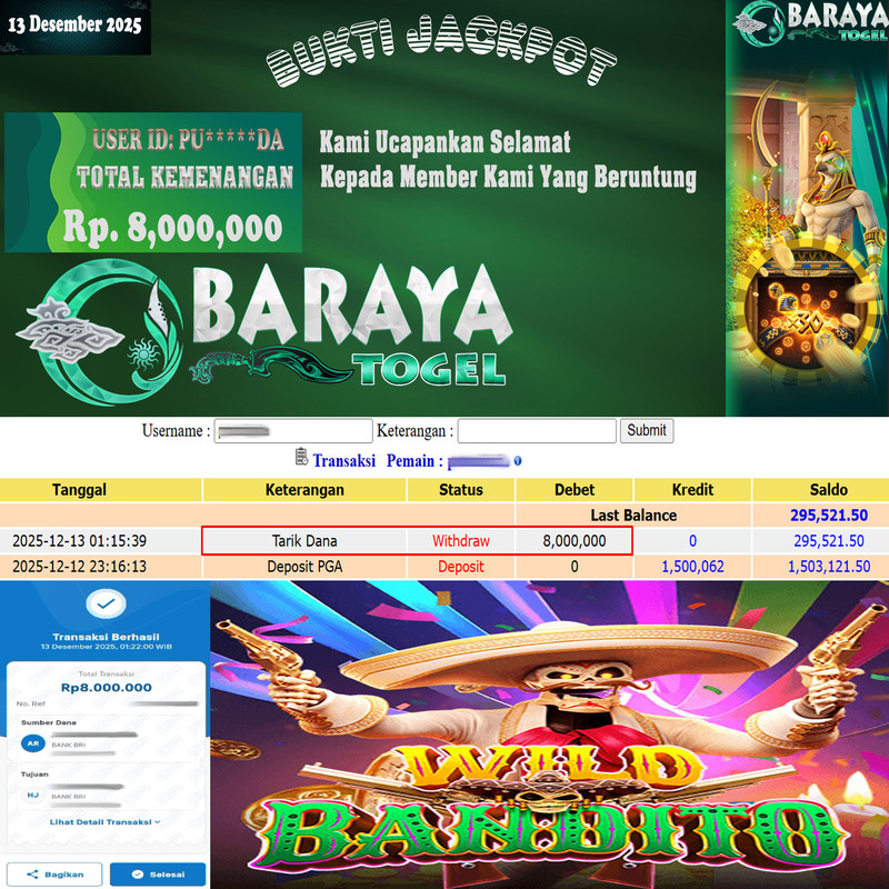 Rp. 8.000.000.- WD LUNAS DI BARAYATOGEL