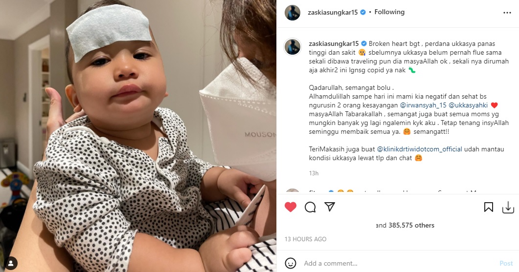 Postingan Zaskia Sungkar di Instagram yang mengabarkan bahwa Ukkasya positif Covid-19.