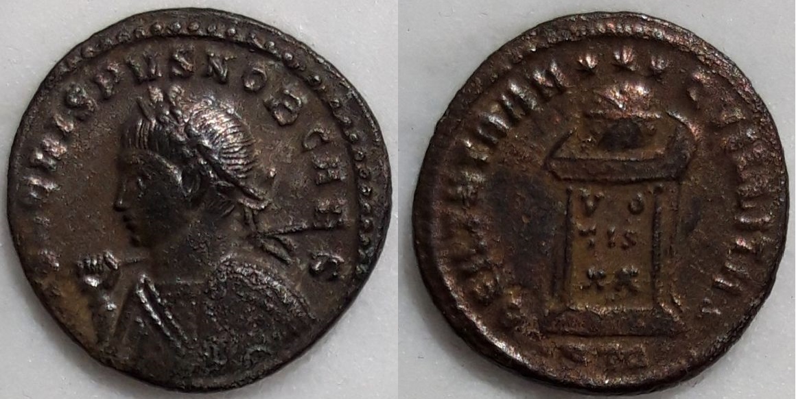AE3 de Crispo. Trier ¿Que significa el reverso BEATA TRANQVILLITAS? Crispa