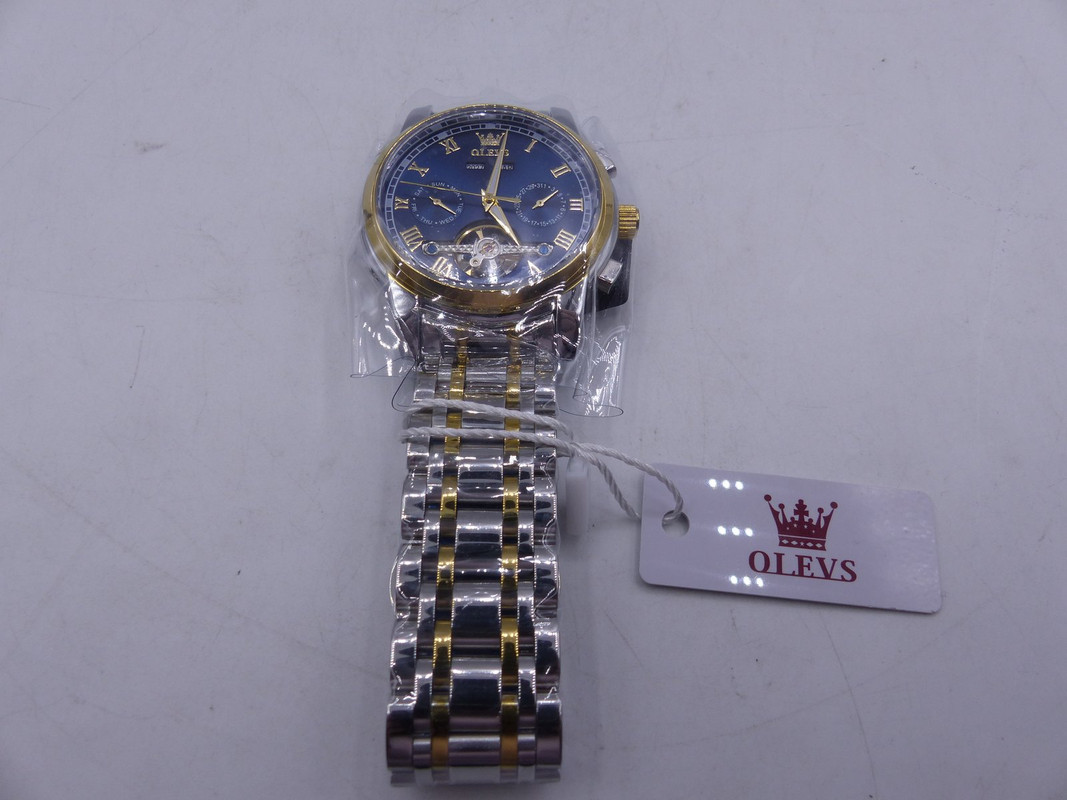 OLEVS 6607G MENS SILVER GOLD & BLUE STAINLESS STEEL AUTOMATIC MECHANICAL WATCH