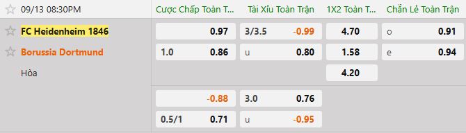 Soi kèo tài xỉu cả trận Heidenheim vs Dortmund