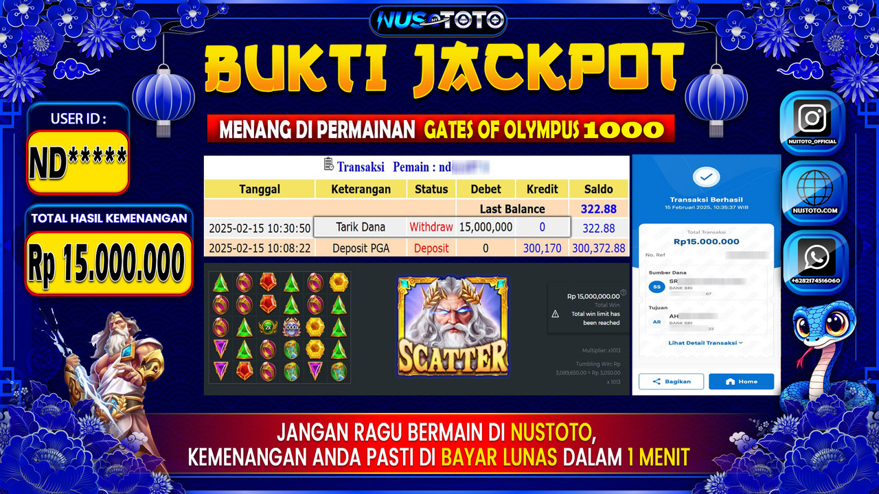 JACKPOT !! MENANG BESAR DI SLOT GATES OF OLYMPUS 1000 Rp. 15.000.000 LANGSUNG DI BAYAR LUNAS NUSTOTO !!