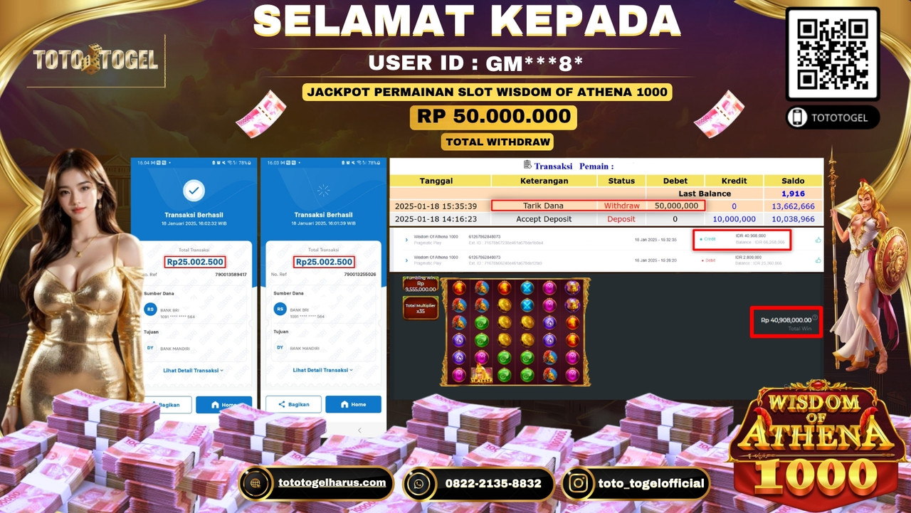 Bukti Pembayaran Jackpot  Permainan Slot Wisdom Of Athena 1000  :GM***8*  LUNAS