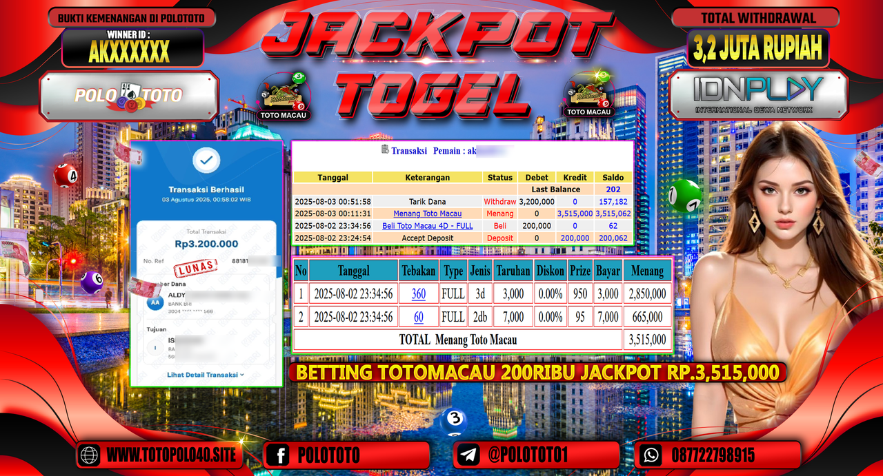 POLOTOTO JACKPOT TOGEL TOTO MACAU Rp.3.200.000,- LUNAS