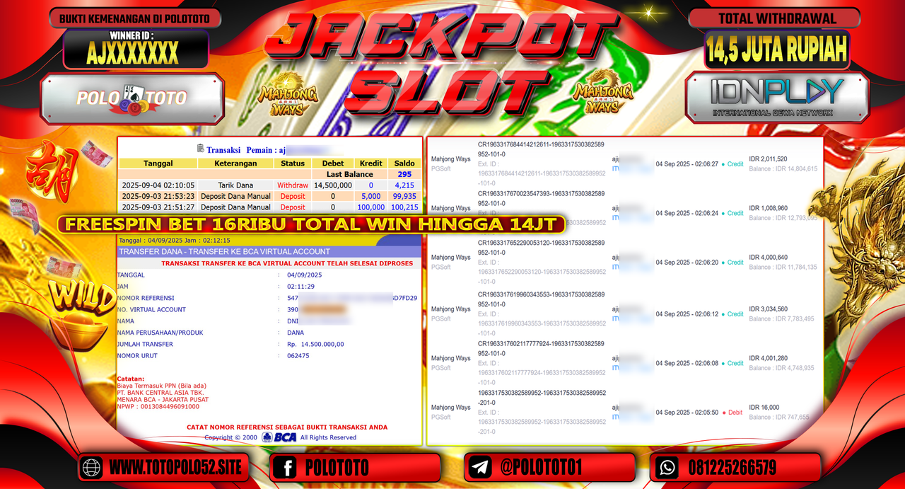 POLOTOTO JACKPOT SLOT MAHJONG WAYS Rp.14.500.000,-