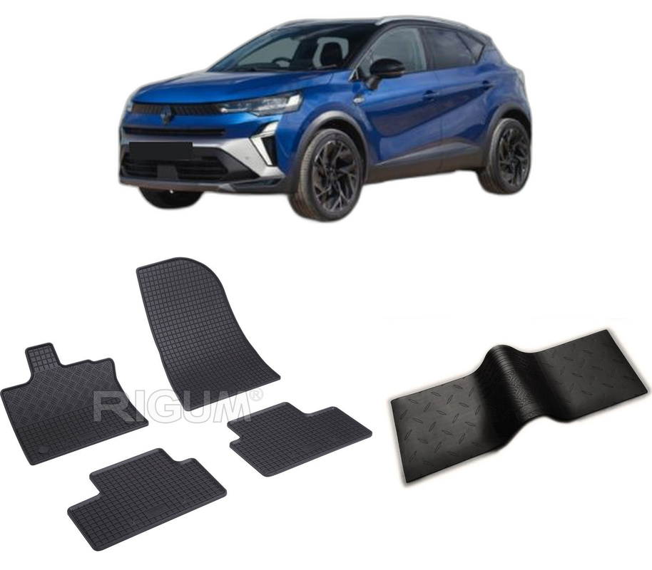 Set covorase auto RENAULT CAPTUR II FACELIFT din 07.2024-PREZENT, cu covoras tunel median, CAROSERIE SUV, Presuri cauciuc 100%, compatibil cu autoturismul RENAULT CAPTUR II FACELIFT, Rigum