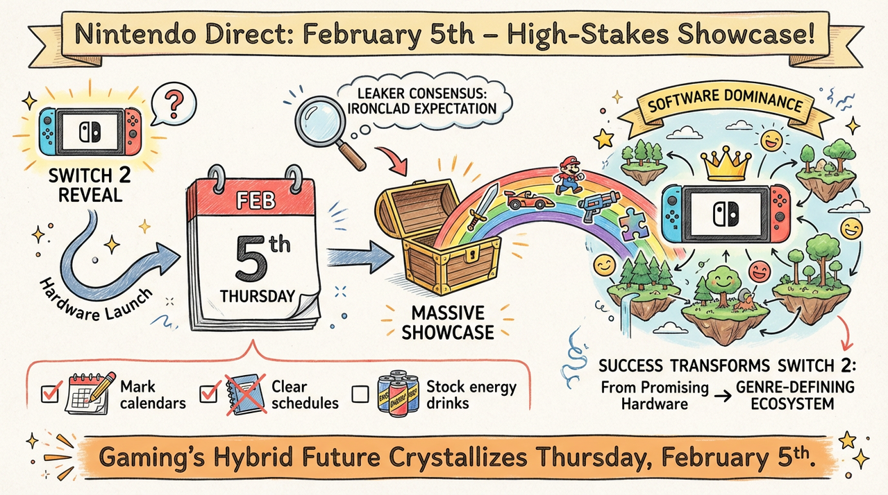 Nintendo Switch console displaying upcoming game announcements