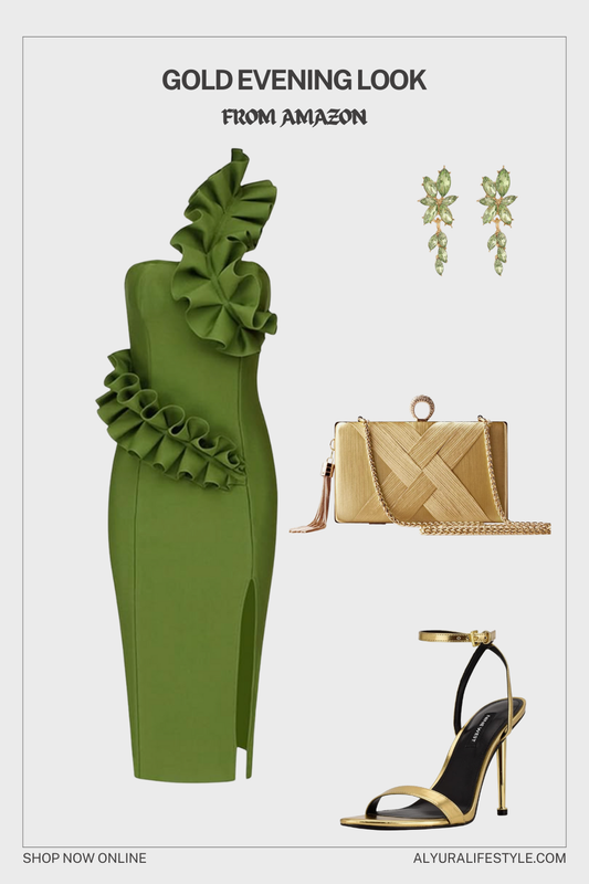 Elegant Green Ruffle Dress | Gold Evening Look ✨